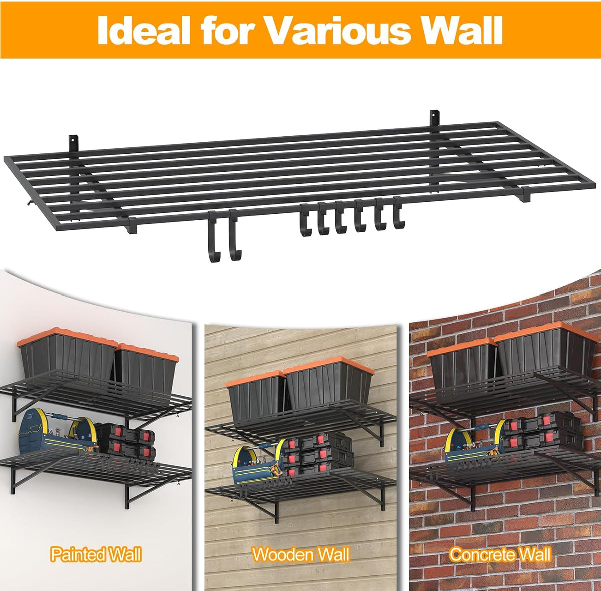 2-Pack 2×4ft Steel Garage Wall Shelving, 500lbs Each Load Capacity, Black, Hooks, Tool & Equipment Storage