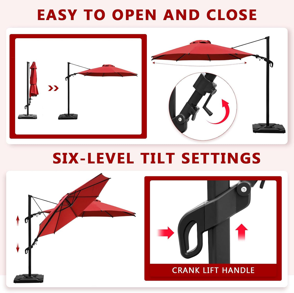 Abba Patio 10FT Vienna Offset Patio Umbrella Outdoor Cantilever Umbrella with 360° Rotation Design and Easy Tilt Adjustment UV 50+ Protection 8 Ribs for Backyard Garden Deck Pool Patio, Red