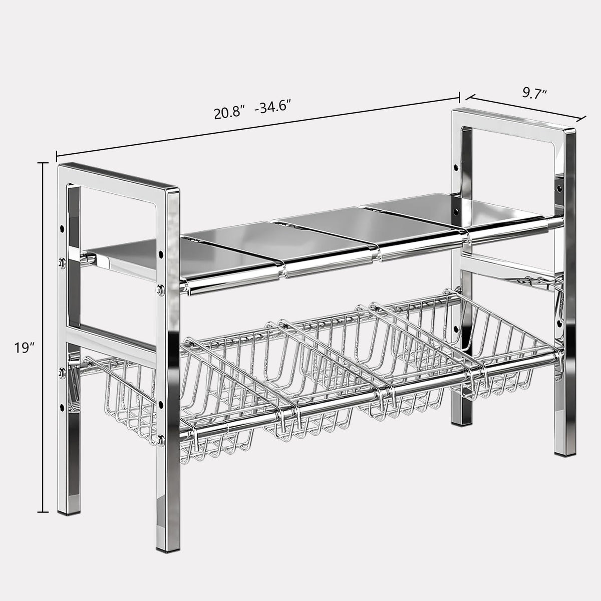 ADVEZO Large Under Sink Organizer 2 Tier Expandable Heavy Stainless Steel Shelf Adjustable Height for Under Kitchen Bathroom Sink Organizers and Storage (Large Size: 4 Panels 4 Storage Baskets)