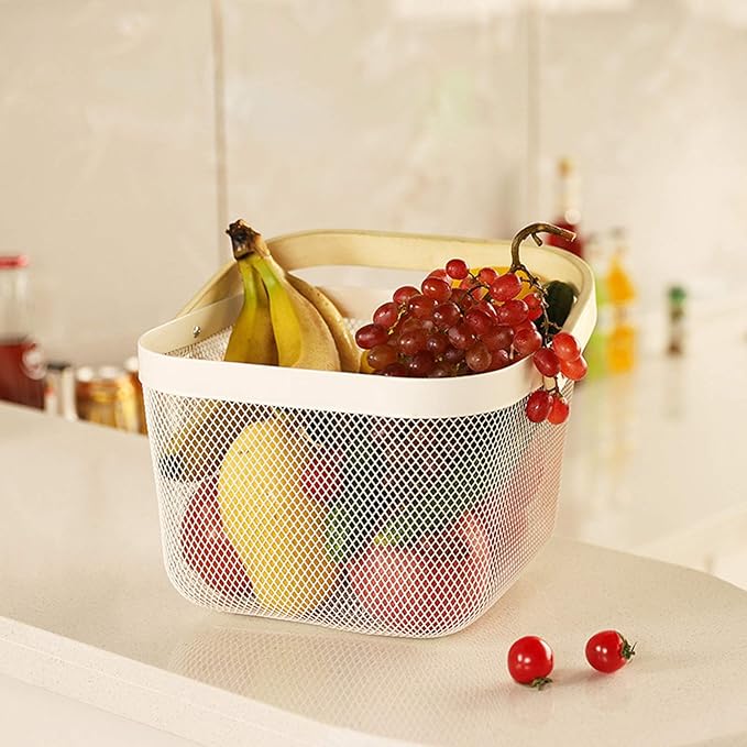 Metal Mesh Steel Basket, Storage Organizer Basket Multi-functional Hanging Kitchen Baskets Fruit Basket Bin with Bamboo Handle for Kitchen Bathroom Picnic Shopping Decor Cabinet Home, White