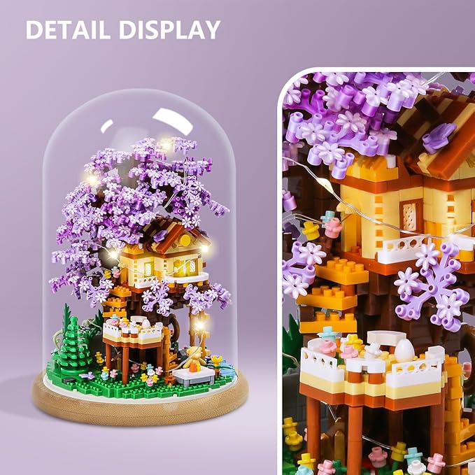 DIY Flower Building Toy Sets Miniature Cherry Blossom Tree House Building Kit, Purple & Yellow Sakura Flowers, Building Blocks Set for Adults & Girls - Bonsai Tree Model with Dust Cover