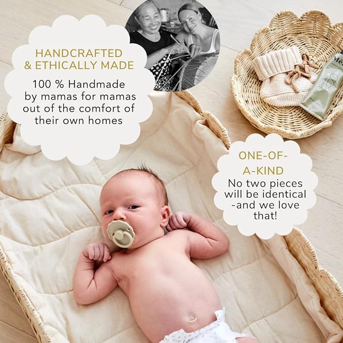 Bebe Bask Premium Baby Changing Basket - Artisan-Crafted Scalloped Rattan - Changing Basket for Baby Dresser - All Accessories Included - Complete Set for Nursery (Natural)