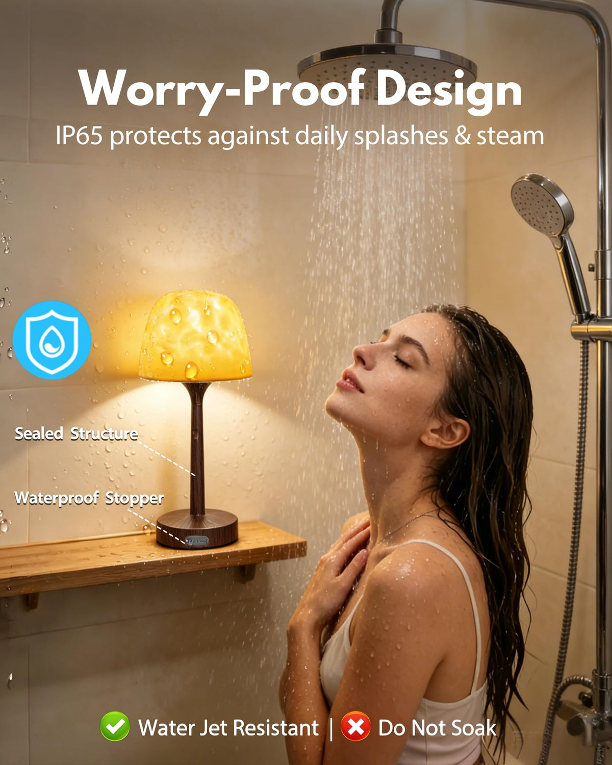 Shower Lamp - Waterproof Bathroom Lamp Ocean Wave Projector, Walnut Grain
