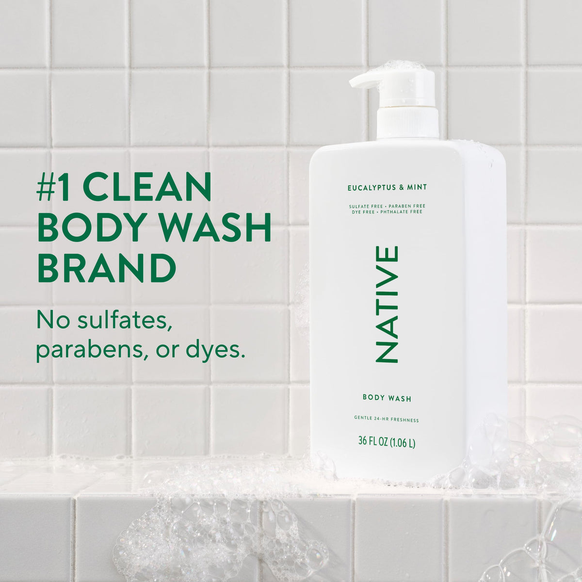 Native Clean Body Wash, Gentle & pH-balanced for Sensitive Skin, 24-Hr Freshness for Women & Men, Vegan & Cruelty-Free, Free of Sulfates, Parabens & Phthalates, Eucalyptus & Mint, 36 oz