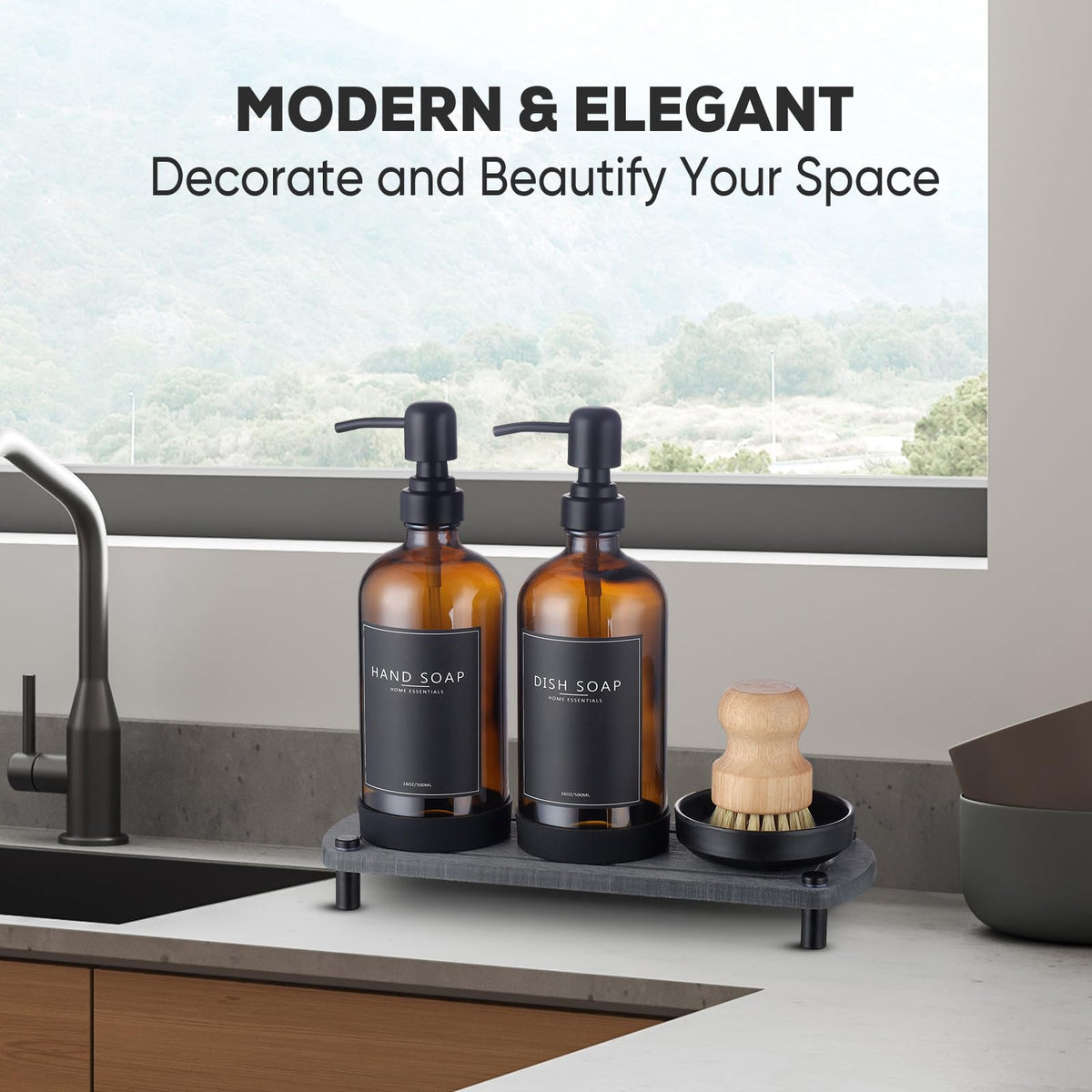 NEECZS Kitchen Soap Dispenser Set with Instant Dry Tray,16 Oz Hand and Dish Soap Amber Glass Dispenser Set,Stainless Steel Pump,Waterproof Labels&Dish Brush,Luxury Soap Bottle for Kitchen,Bathroom