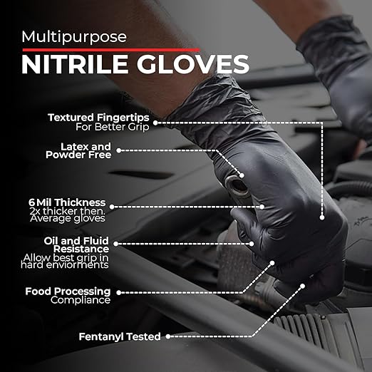 Heavy Duty 6 Mil Black Nitrile Gloves - Disposable, Latex & Powder Free | Mechanic, Food Prep & Tattoo | Rubber Gloves for Cooking, Cleaning & Household |Bulk Case of (1000)