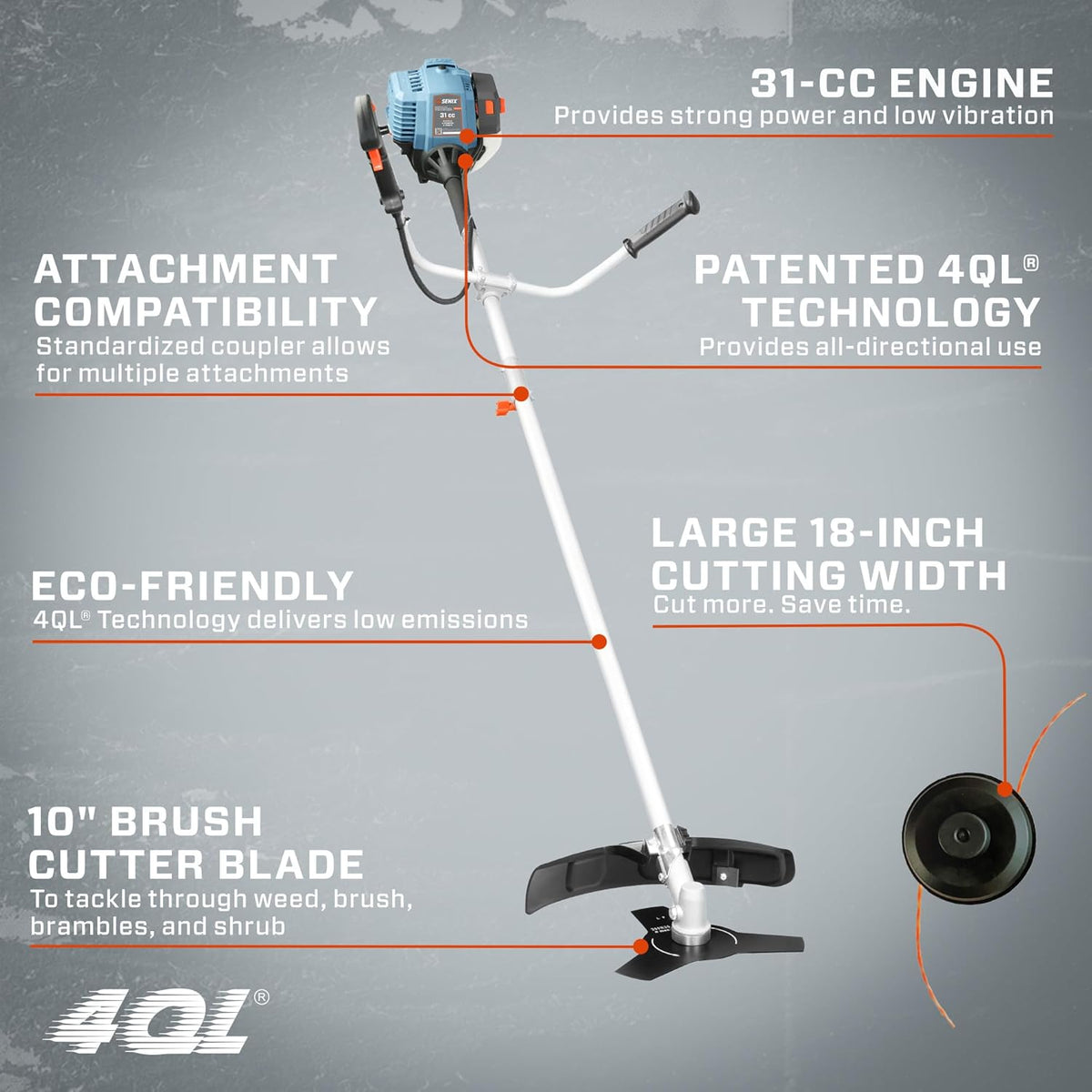 SENIX GTBCU4QL-M 4QL 31 cc Gas Brush Cutter, 4-Cycle String Trimmer and Edger Lawn Tool with Straight Shaft, Front D-Handle, Bump Feed, 17.7 Inch Cutting Width
