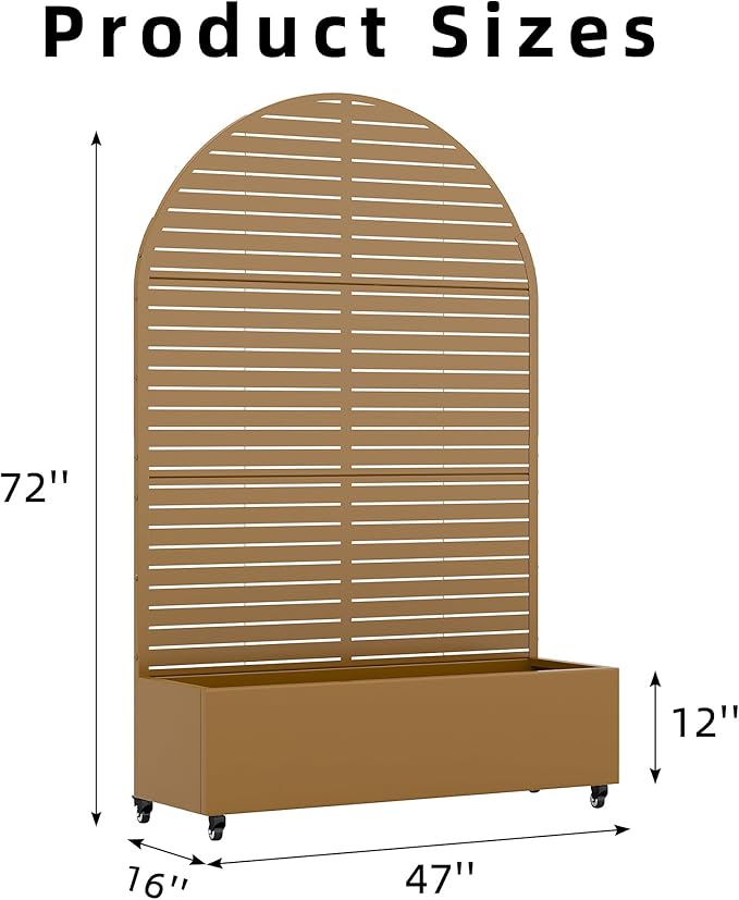 Casaphoria Metal Raised Garden Bed with Trellis and Wheels, 72"x47"x16" Arched Planter Box for Climbing Plants, Vegetables & Vines, Features Drainage Holes and Privacy Screen (Brown-Louvered)