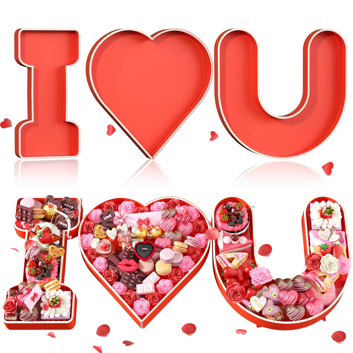 Valentine’s Charcuterie Cardboard Letter I Love U, 13.78" Red Heart Shape Fillable Board for Food, Chocolates, Cupcakes, Flowers, Roses, Candies