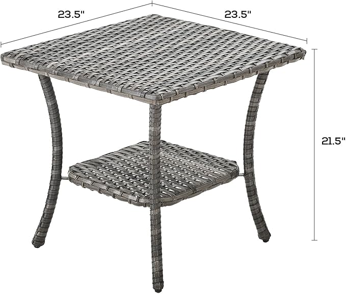 Patio Tables Outdoor Coffee Table - Wicker Rattan Side Tables with 2-Tier Storage Shelf End Table for Porch Deck Balcony Garden Outside Square Mixed Grey