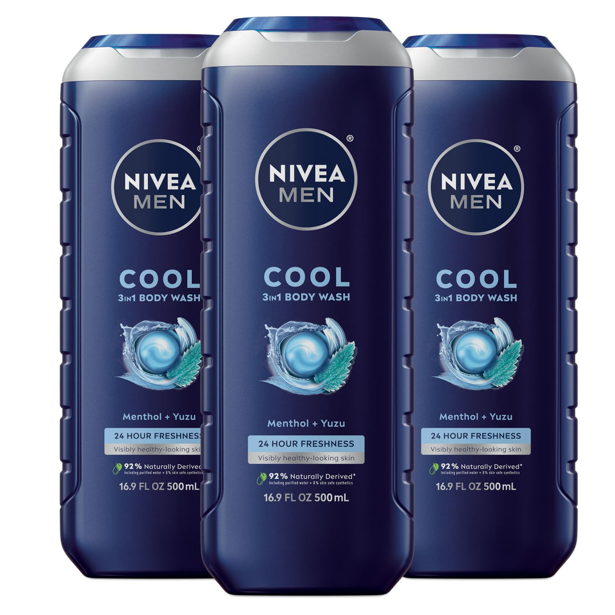 NIVEA MEN Cool 3-in-1 Body Wash with Menthol, Multipack, 3 x 16.9 FL OZ