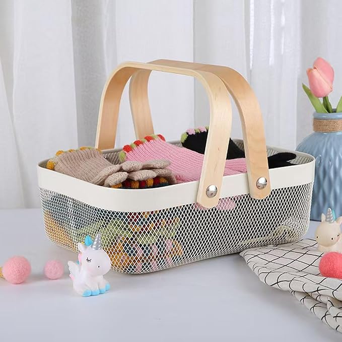 Metal Mesh Steel Basket, Storage Organizer Basket Garden Harvest Basket Multi-functional Kitchen Fruit Baskets Bin with Wooden Handle for Bathroom Picnic Shopping Decor Cabinet Home, White