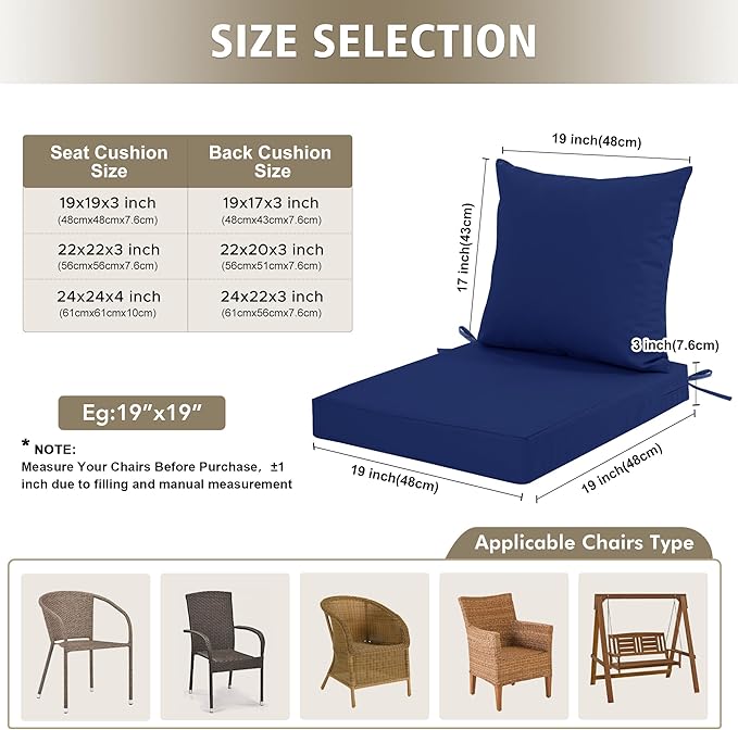 24x24 Inch Outdoor Cushions for Patio Furniture Set of 2, Waterproof Outdoor Chair Cushions w/Fade-Resistant, Removable & Machine-Washable Covers, Deep Seat Sofa/Couch Pads Replacement, Navy Blue