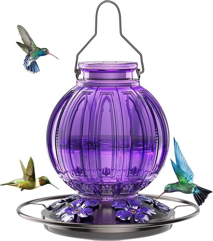 Glass Hummingbird Feeder for Outdoors Hanging, Bird Nectar Feeder with Perch & 5 Flower Feeding Ports, 26 Oz Leak Proof for Outside Garden Decor Backyard, Gifts for Women Mom, Purple