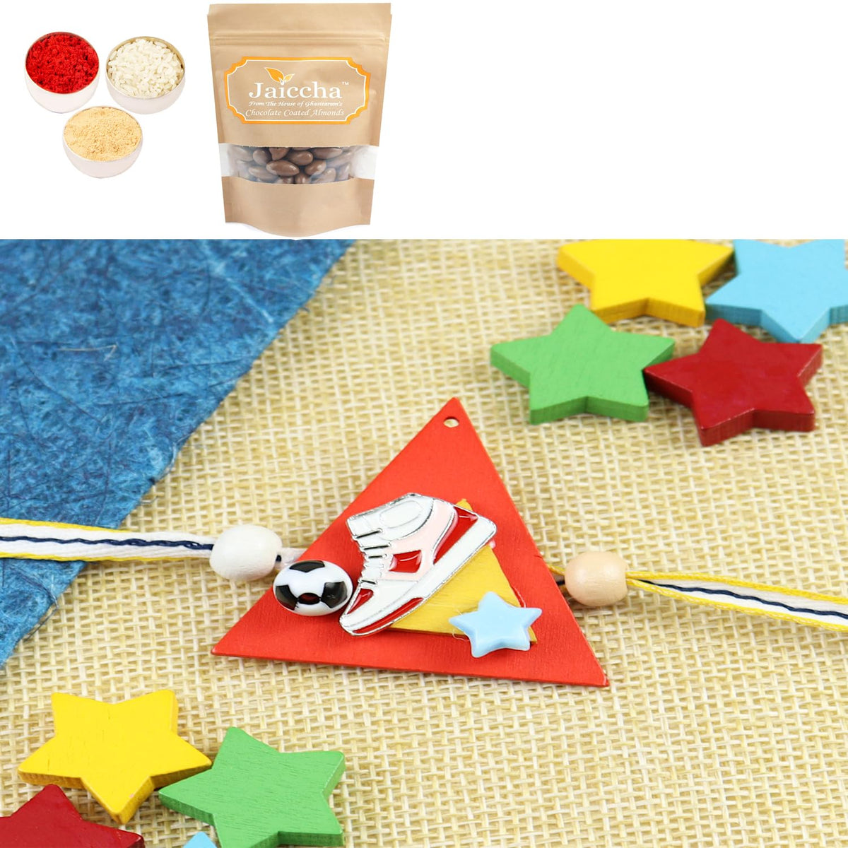 Ghasitaram Gifts Rakhis Gifts for Brothers Rakhis Online KR25-120-Sneaker With Football Kids Rakhi with Chocolate Coated Almonds 200 gms