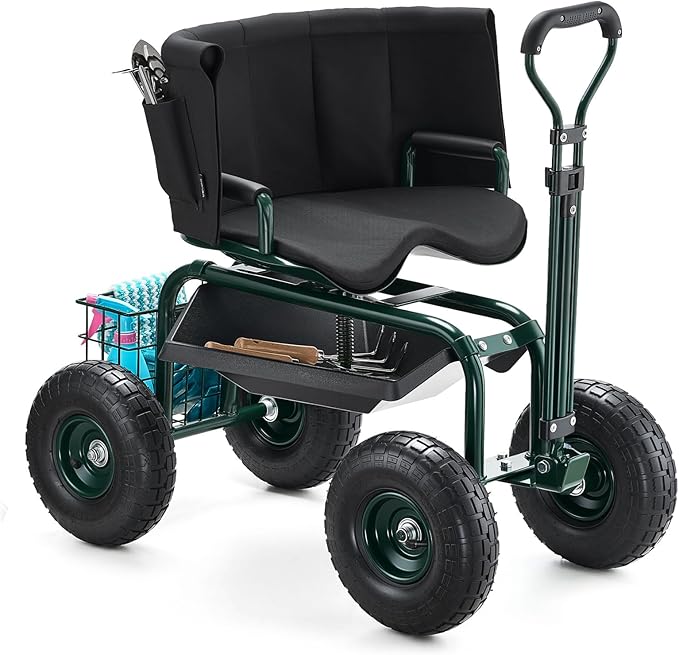 VEVOR Rolling Garden Seat with Wheels, Gardening Stool with Height Adjustable & 360°Swivel Seat, Ergonomic Backrest & Tool Storage, 400lbs Weight Capacity, Garden Scooter Wagon Cart for Yard, Patio