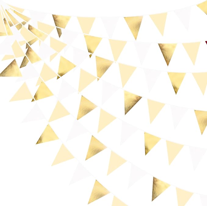 White and Gold Party Decorations Gold Beige White Fabric Triangle Pennant Banner Flag Bunting Garland for Graduation Wedding Birthday Bridal Shower Anniversary Engagement Baptism Party Supplies