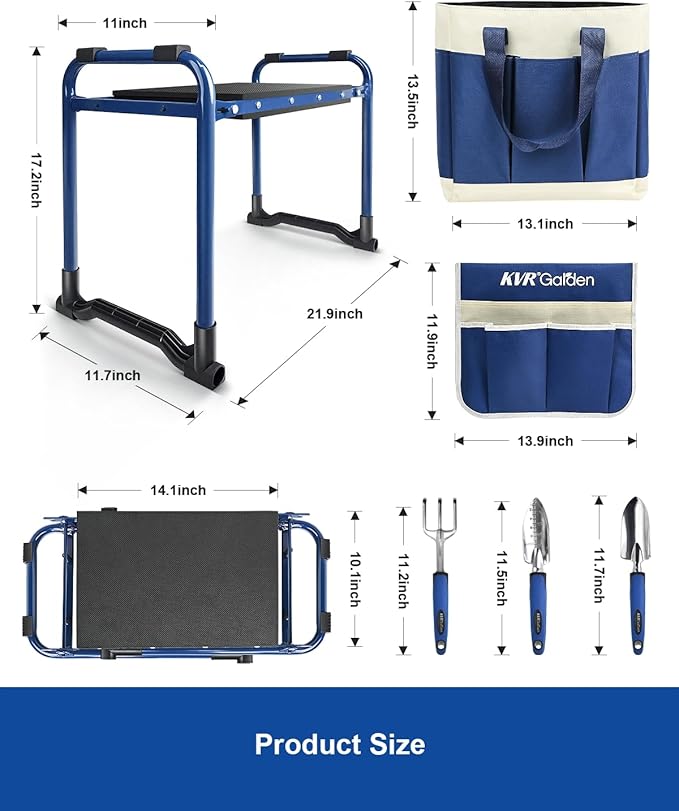 KVR Garden Kneeler and Seat Set 2025 Upgraded - Heavy Duty Foldable Bench Chair with 3 Tools & 2 Tool Pouch + Multi-Purpose Bag, Gardening Stool Gifts for Seniors, Women, Mom
