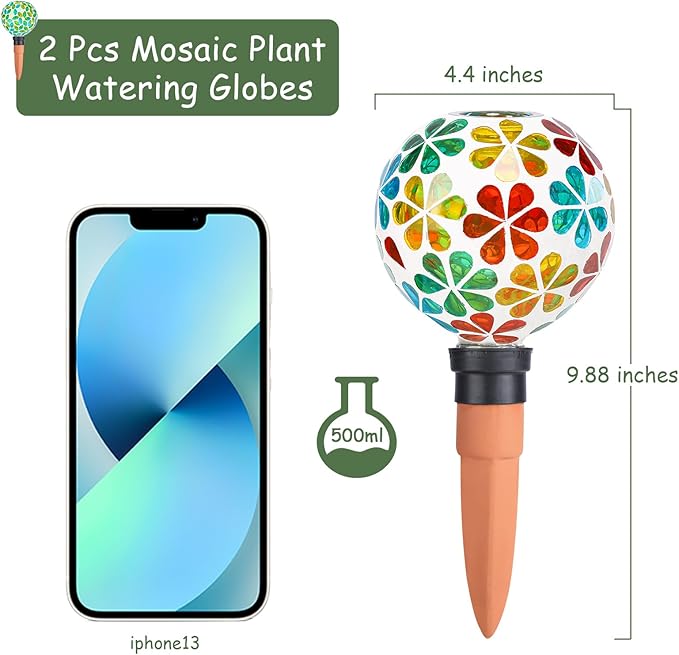 Plant Watering Globes Mosaic Self Watering Stakes 2 Pack Large Self Watering Planter Insert Automatic Watering Device Outdoor Indoor Decoration