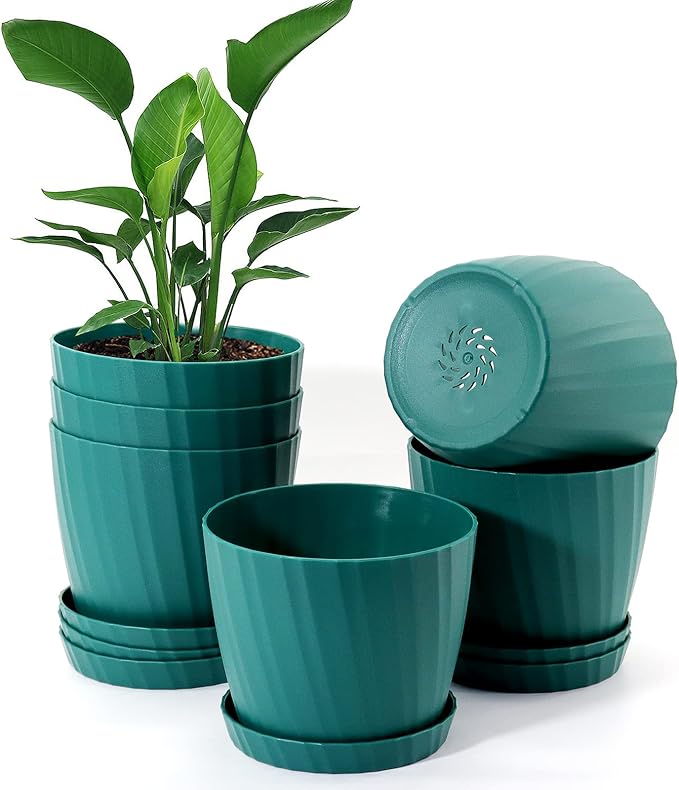 6 Inch Plant Pots Bulk, 6 Pack Plastic Planters with Drainage Holes and Saucers for Indoor Outdoor House Plants and Flowers, Green