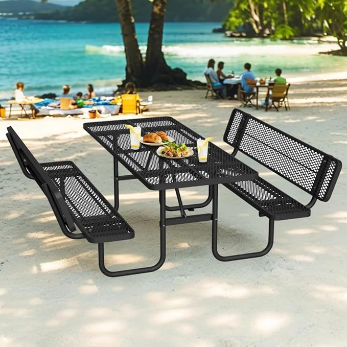 79'' Steel Rectangular Picnic Table for Outdoors, with backrest, Expanded, Lifetime Picnic Table with Umbrella Hole, Heavy Duty Sturdy Commercial Picnic Tables for Garden Courtyard BBQ, Black