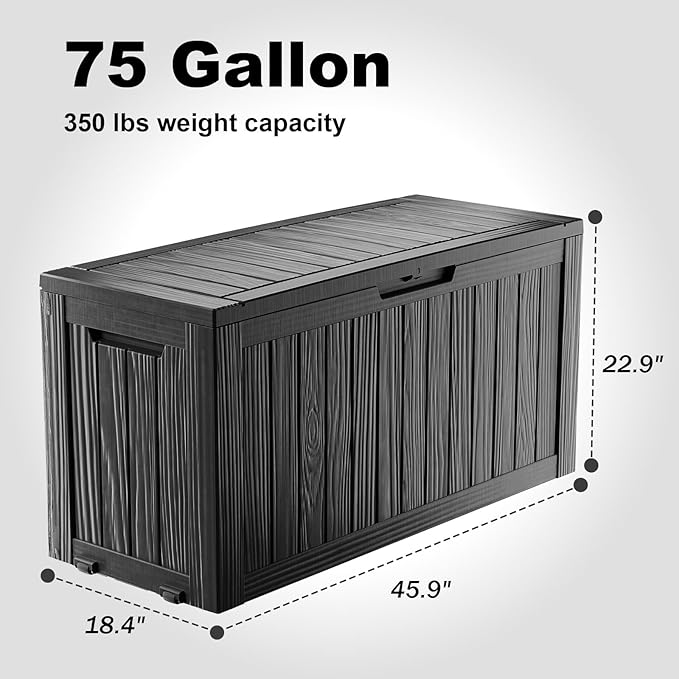 75 Gallon Waterproof Outdoor Storage Box,Resin Deck Box,Lockable Outside Storage Box Container for Patio Furniure,Garden,Pool Tools (75 Gallon,Black)