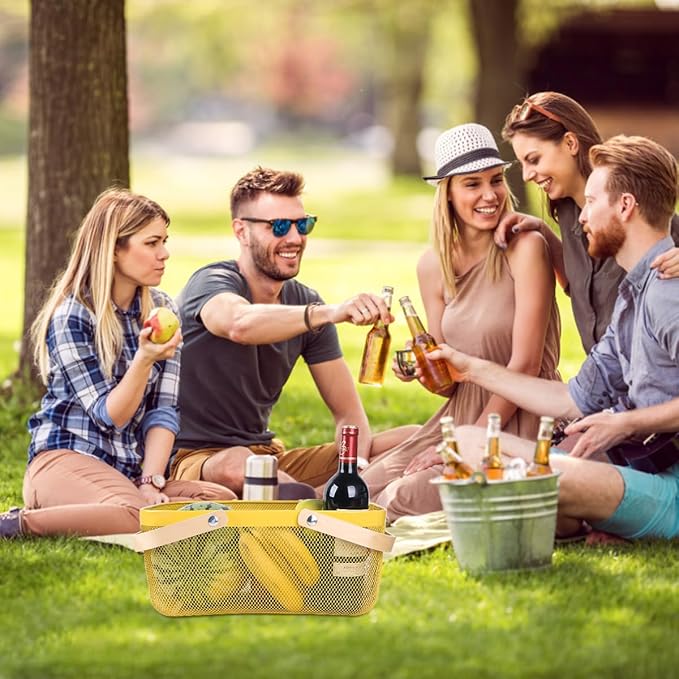Portable Mesh Harvest Basket - Natural Bamboo Handle Foldable Organizer for Kitchen, Garden & Picnic | Ventilated Storage Bin with Rust-Proof Wire, Space-Saving Farmhouse Decor (Lemon Yellow)