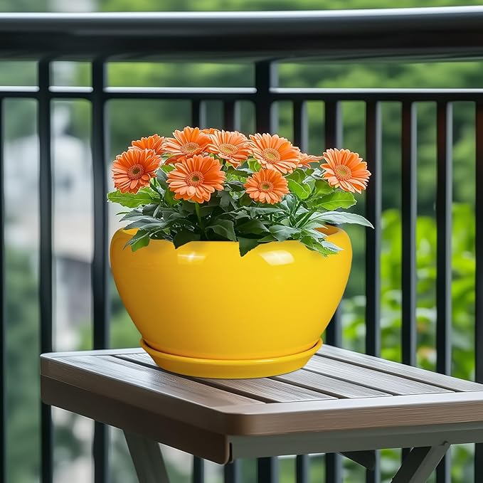 Indoor Planter 11 Inch - Decorative Mid-Century Large Ceramic Plant Pot for Outdoor Plants with Drainage Hole and Saucer, Home Balcony House Garden Patio Office Room Decor, Yellow
