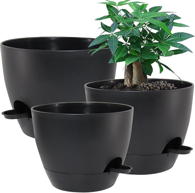 Large Self Watering Pots, 12/10/9 Plastic Planters with High Drainage Holes and Deep Reservoir for Indoor Outdoor Garden Plants and Flowers, Black