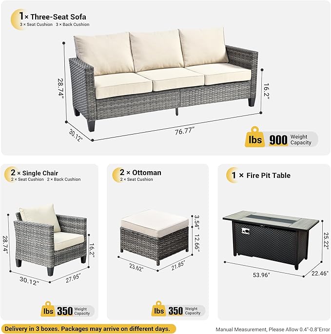 ovios 6 Pieces Patio Furniture Set with 54" Fire Pit Table, Outdoor Wicker Sofa with Comfy Cushions, All Weather High Back Rattan Couch Conversation Set, Beige