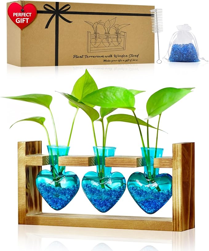 Nacome Plant Terrarium for Office Decor: Wooden Stand Tabletop Planter 3 Bulb Glass Vase Heart Shaped for Hydroponics Indoor Home - Birthday Gifts for Women Mom Grandma