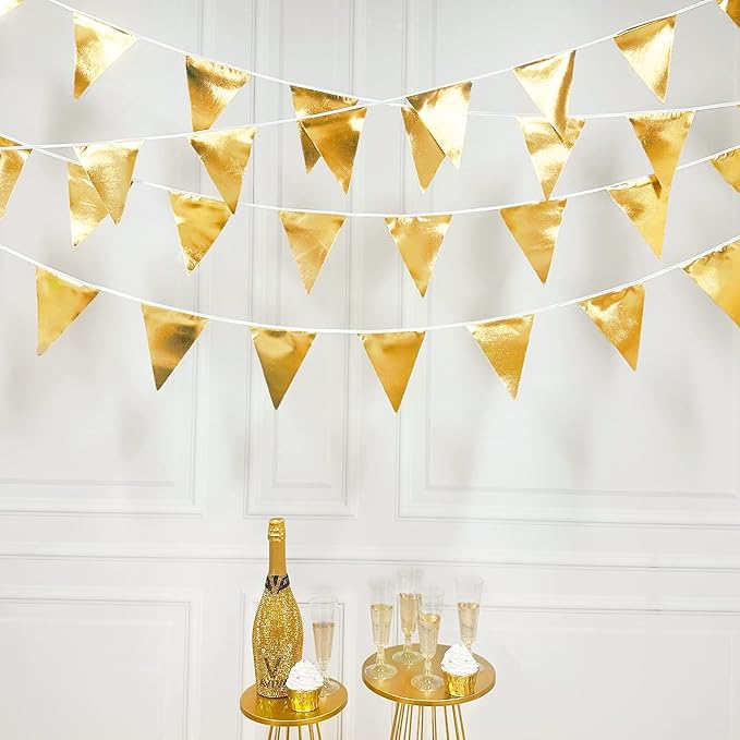 Gold Party Decorations Metallic Fabric Triangle Pennant Banner Gold Flag Bunting Garland for Graduation Birthday Wedding Anniversary Bridal Shower Bachelorette Engagement Hen Party Decoration Supplies