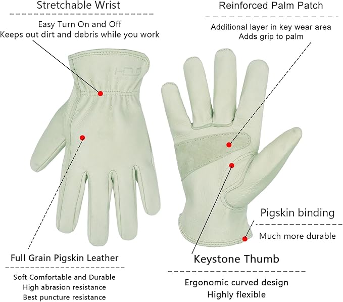 HLDD HANDLANDY Leather Work Gloves for Men & Women, Adjustable Wrist Cowhide Gardening Glove with Reinforced Palm for Driver