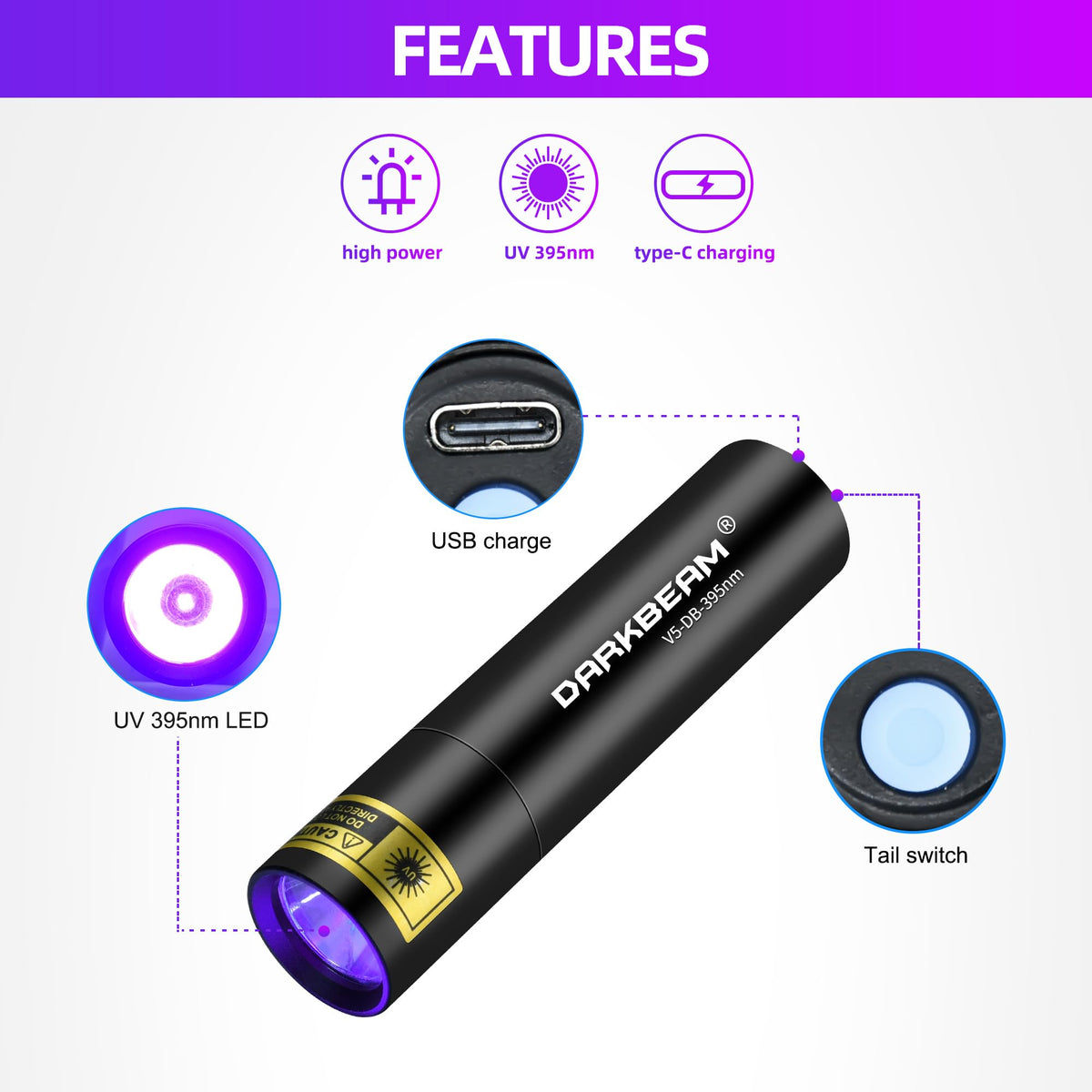 DARKBEAM Flashlight UV Black Light 395 NM, Mini but Powerful USB- C