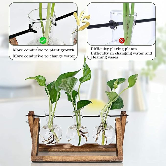 Kingbuy Desktop Glass Planter Iron and Wooden Stand Plant Terrariums for Indoor Office Desk Decor Accessories, 3 Bulb Vases, Brown