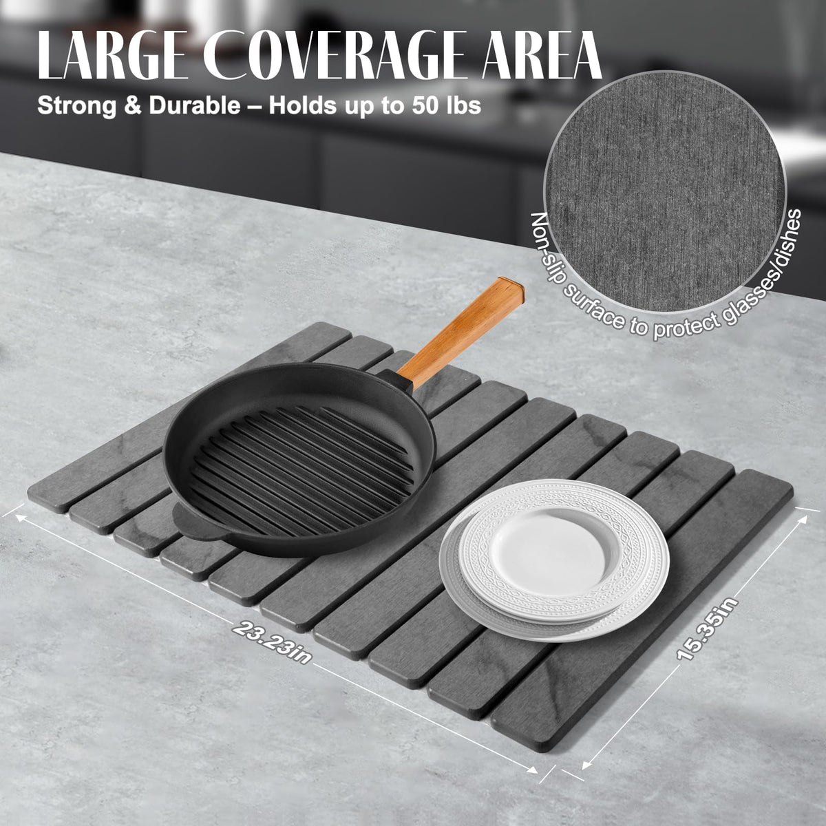 2 PCS Large Stone Dish Drying Mat for Kitchen Counter, 24"×16" Marble-Pattern Dish Drying Mat with 8"x 4" Coasters, Non - Slip Collapsible Absorbent Mat for Multi - Purpose, Match Any Countertop【Gray】