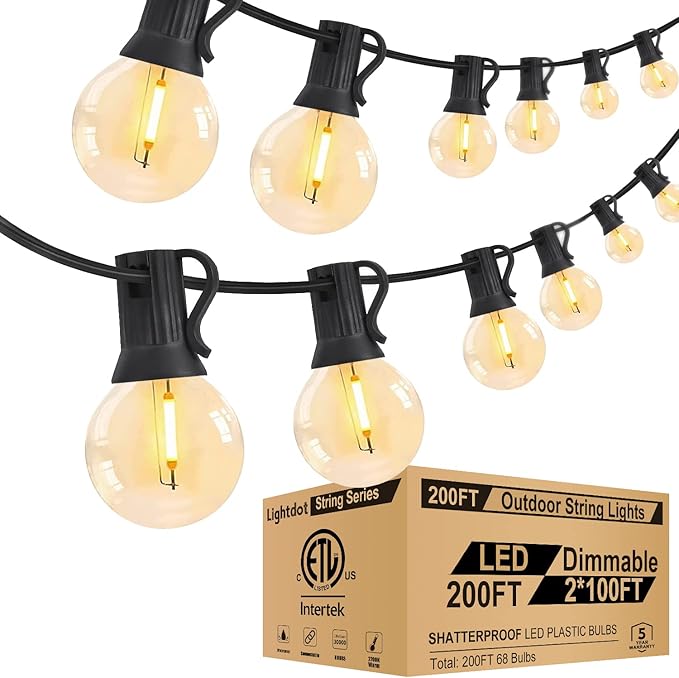 Lightdot 200FT Outdoor String Lights, LED Bistro String Lights with Shatterproof G40 Vintage Bulbs, 2200K Dimmable, Waterproof Hanging Lights for Porch, Deck, Garden, Backyard, Balcony - ETL Listed