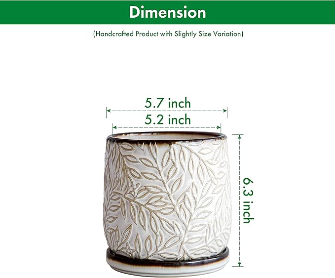 D'vine Dev 6 Inch Embossed Leaves Stoneware Planter Pot with Drainage Hole and Saucer, Smoked White, Set of 1, 27-A-X-1