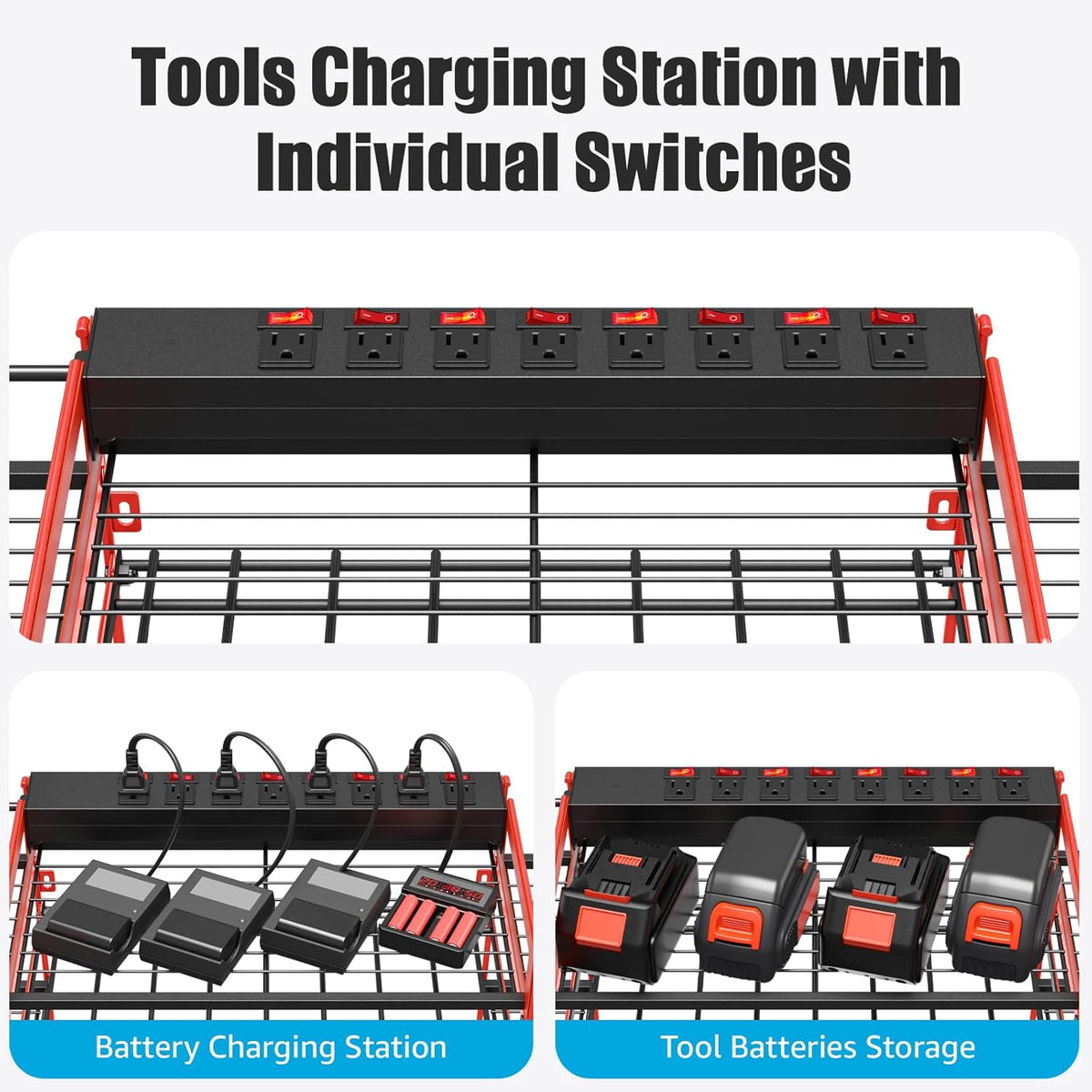 CCCEI Red Power Tool Organizer Wall Mount, Large Tools and Battery Storage Rack Charging Station Individual Switches. Drills Holder, Garage Utility Shelves with 6FT Power Strip. Gift for Men.