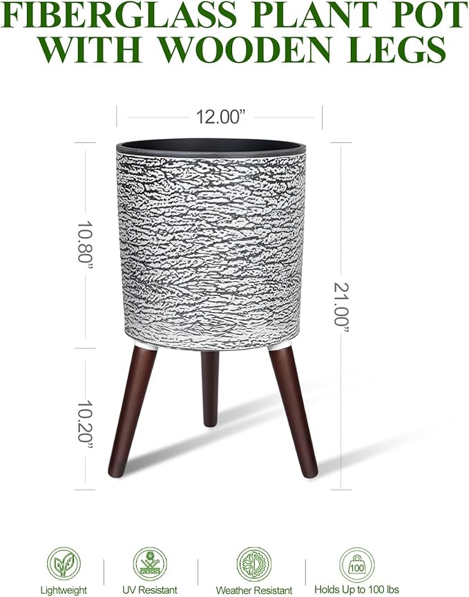 12 Inches Plant Pots with Stand Mid Century Flower Pots with Wood Legs Large Mode Cylinder Planter with Drainage Holes for Indoor Plants,Garden,Decorative-Grey