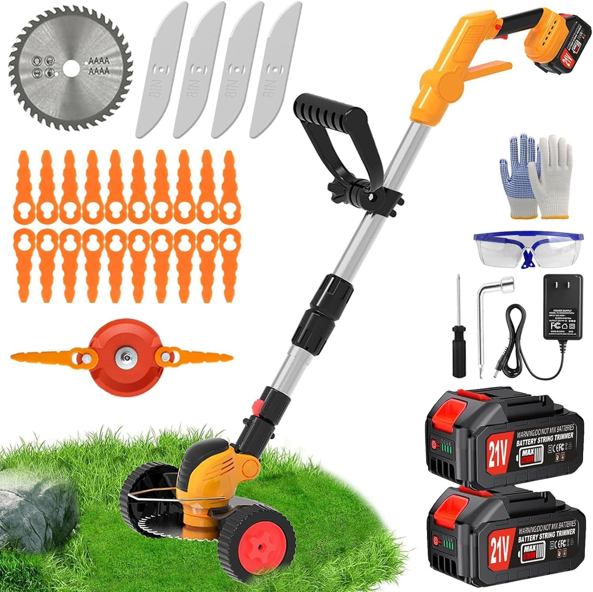Electric Weed Wacker Cordless Eater, Battery Powered No String Grass Trimmer with 2 21V/4Ah Battery Operated&3 Types Blade&Wheels, Lightweight Weed Trimmer/Edger Lawn Tool for Garden Yard