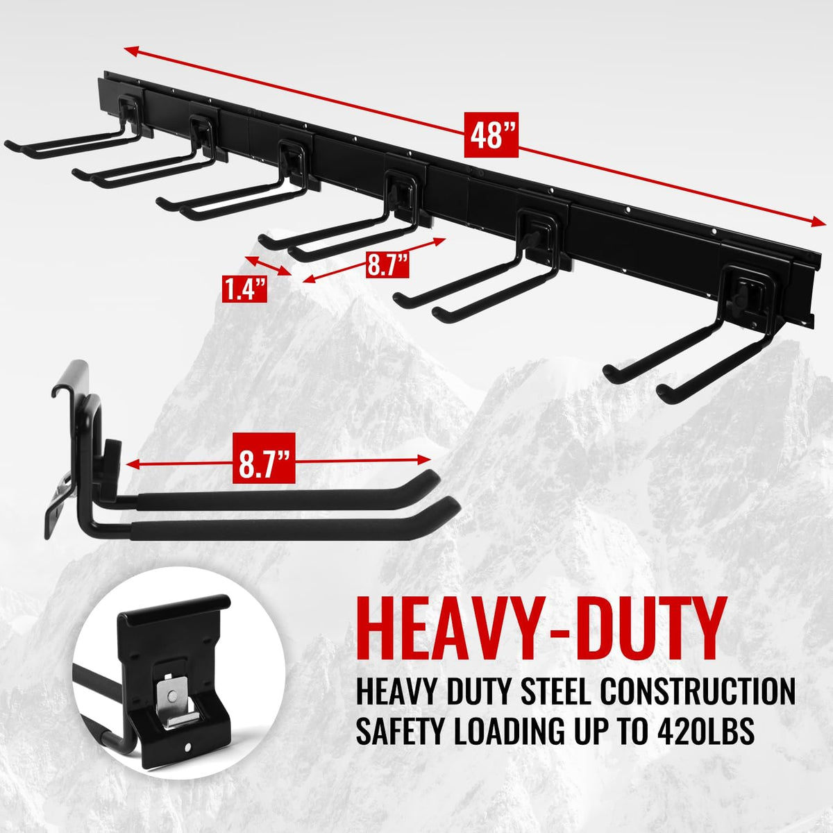 Locking Garden Tool Organizer, Garage Organization Wall Mount Storage Rack, Heavy Duty Metal Yard Tool Organizer, Adjustable Hanging Hooks, Hold Up to 420lbs (96Inch Black)