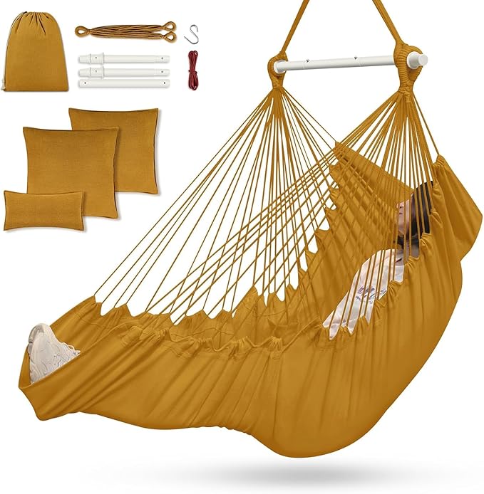 Outerman Hammock Chair, Hanging Chair with 3 Cushions and Foot Rest Support, Sturdy Metal Spreader Bar Max 500Lbs, Swing Chair for Bedroom, Indoor & Outdoor, Patio, Porch or Tree（Khaki）