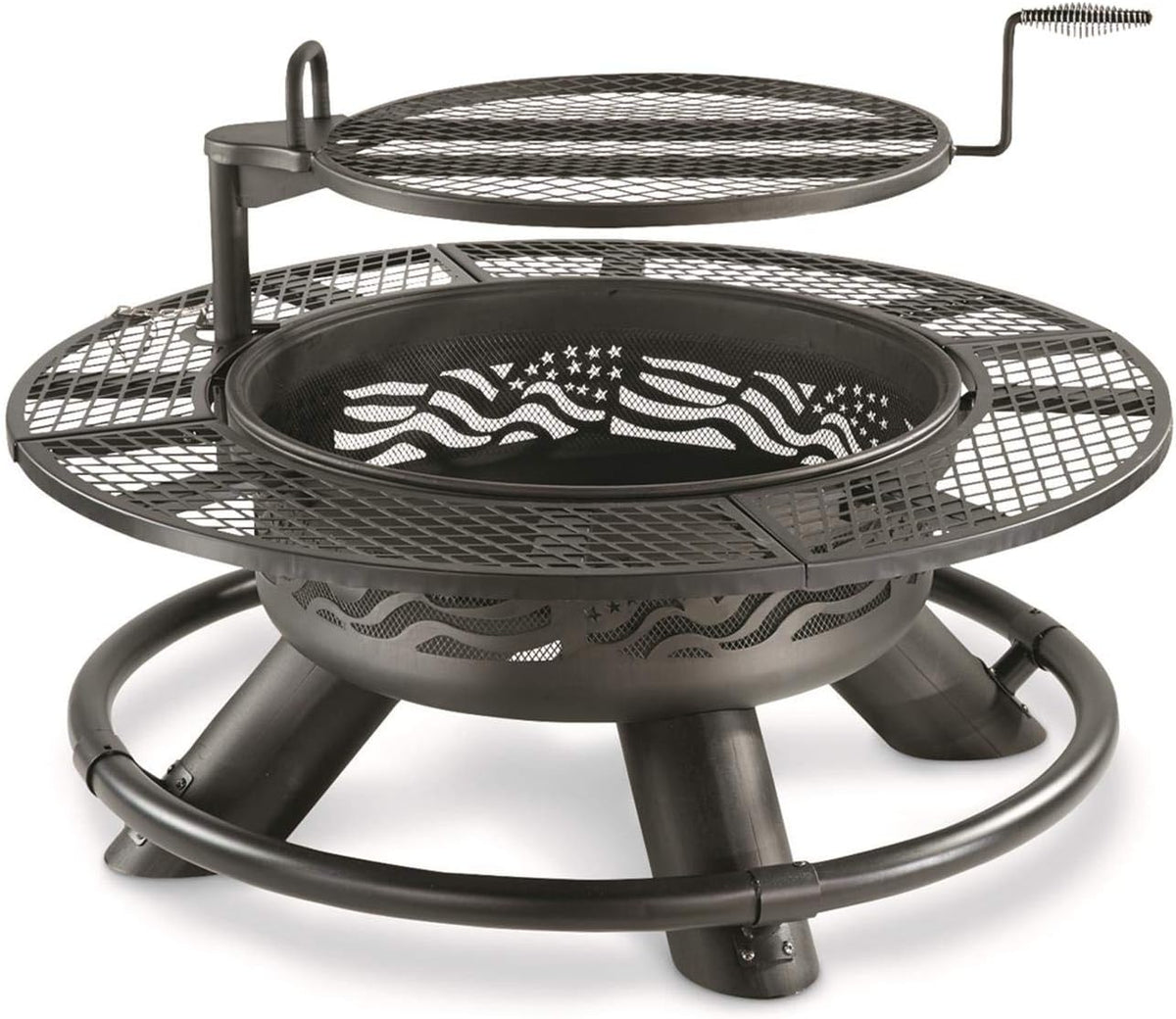 Castlecreek 47" Fire Pit BBQ Grill Outdoor Wood Burning Steel Log Firepit for Camping, Grilling, Smores, Yard, Cooking Outside, Barbecue, Bonfire Flag