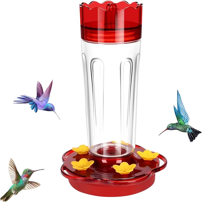 Plastic Hummingbird Feeders for Outdoors Hanging Ant and Bee Proof, 1 Pack 15 Ounces Red Hummingbird Feeder with 5 Feeding Ports and Perches, Built-in Ant Moat, Outside Garden Décor (Plastic, 1)