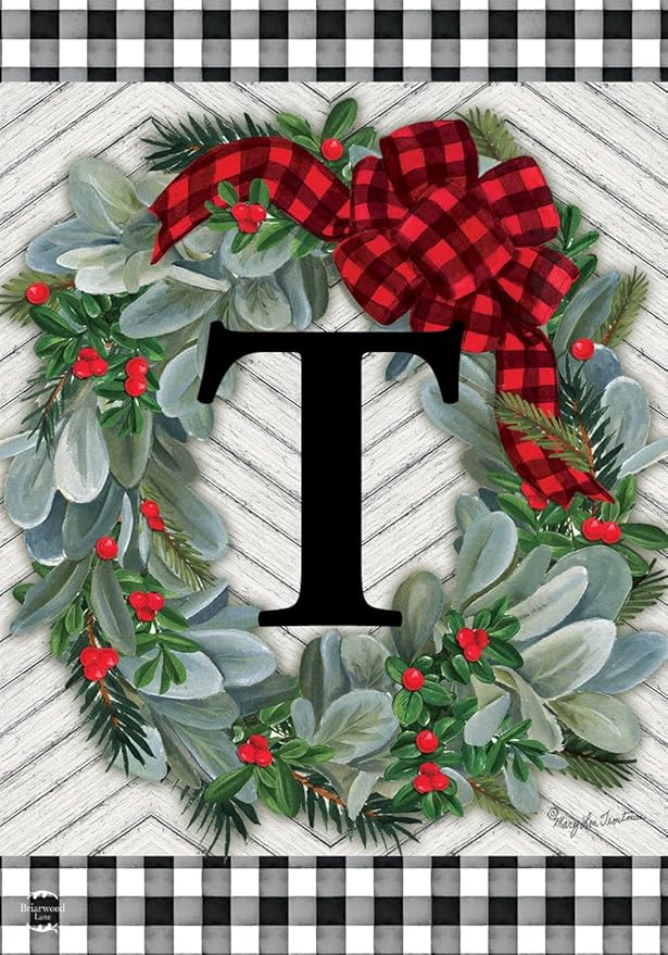 Briarwood Lane Winter Wreath Monogram Letter T Garden Flag