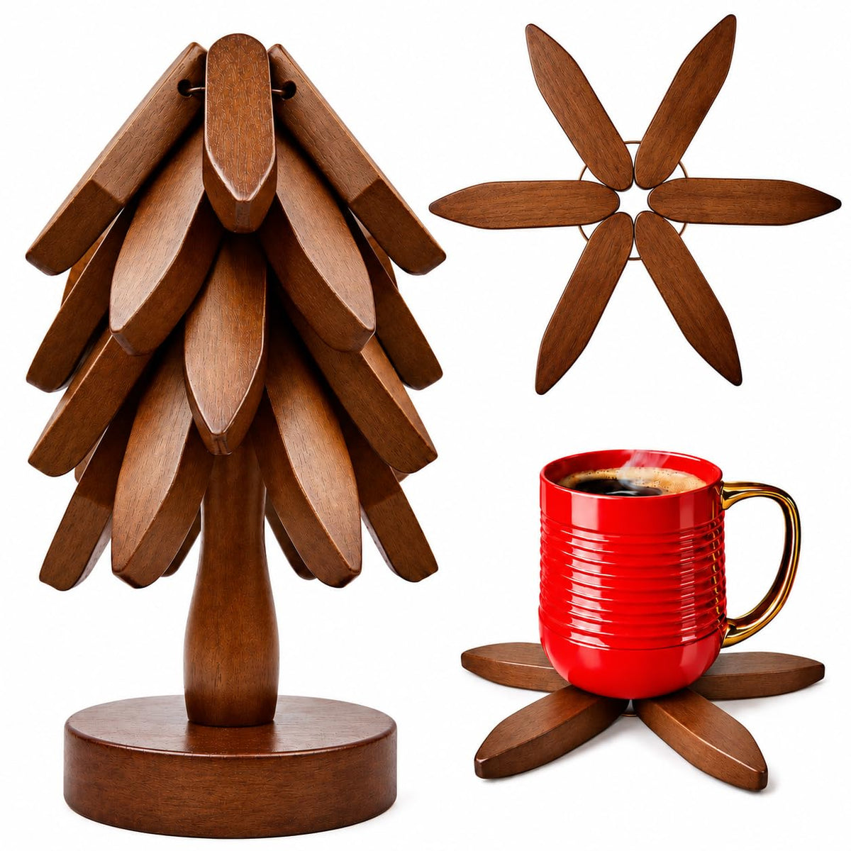 Menvel Goods Foldable Black Walnut Wooden Trivet Set for Hot Dishes - 4 Trivets + 1 Stand for Hot Dishes, Tree Coasters, Pot, Bowl, Teapot - Hot Pot Holders(Black Walnut) - Kitchen Gifts in The Box