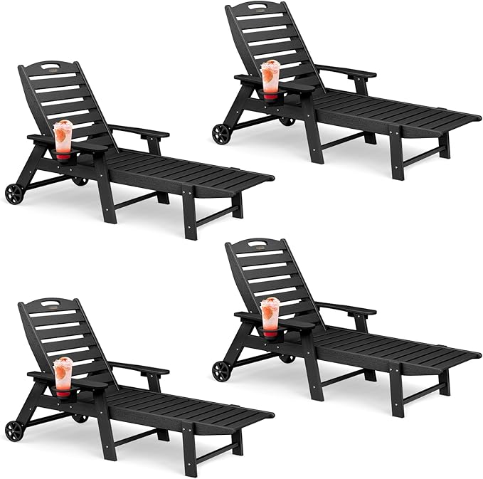 Lounge Chair Outdoor Set of 4 with Wheels, Adjustable 6-Position Chaise Lounge Outdoor, Patio Lounge Chair for Poolside Backyard, Black