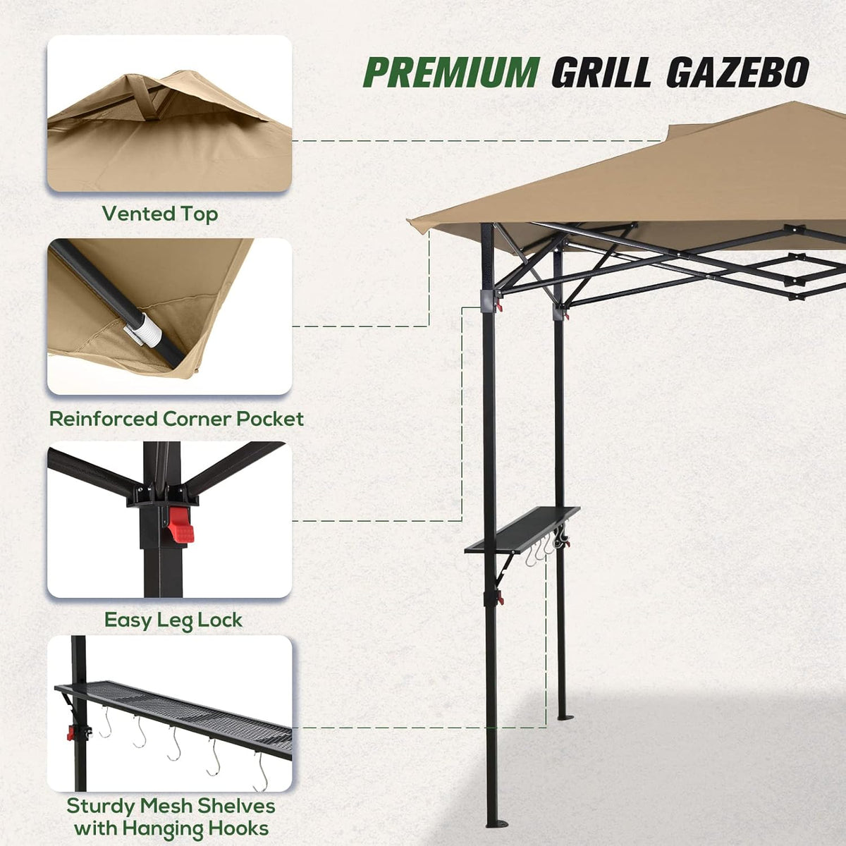 COOS BAY 8x5 Pop up Grill Gazebo Portable BBQ Gazebo Canopy Tent with Carry Bag, Outdoor Barbeque Shelter, Beige