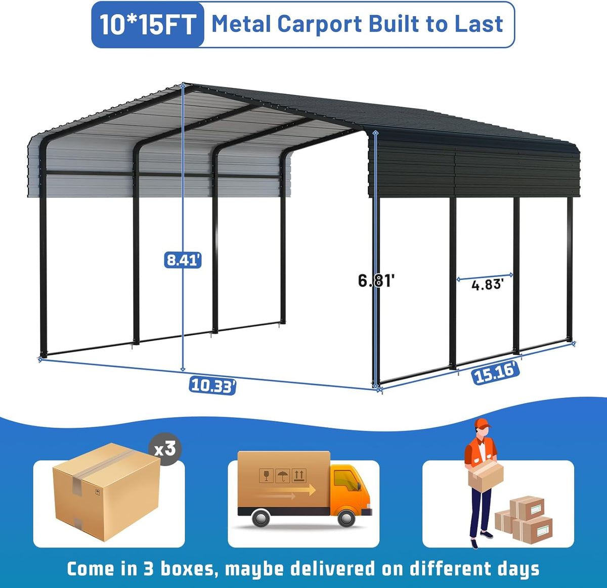 Metal Carport 10 * 15 FT Heavy Duty Carport Canopy with Galvanized Steel Roof Multi-Use Shelter Outdoor Portable Garage for Car, Boat, Pickup and Tractor